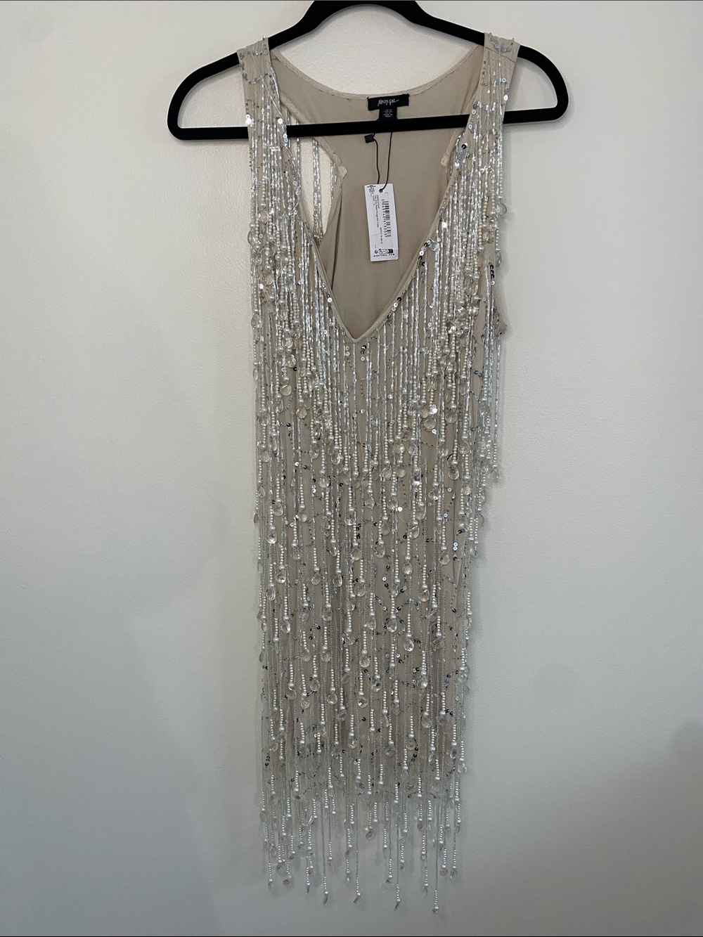 Nasty Gal NWT Tear Drop Tassel Plunge Mini Dress Beaded Nude Size 8 - Picture 1 of 11